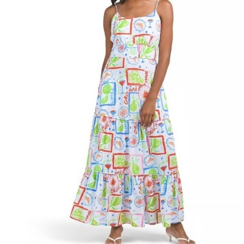 Cynthia Rowley Linen blend Tiered Maxi dress White print Brunch Vacation XL NWOT